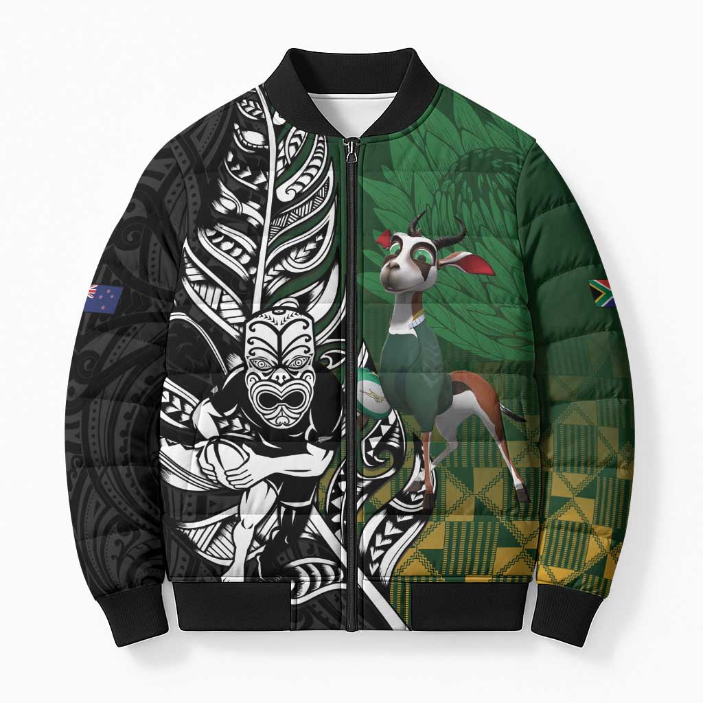 New Zealand and South Africa Rugby Custom Bomber Puffer Jacket Maori Tiki Fern Springboks Kente Pattern LT14 Unisex Green - Polynesian Pride