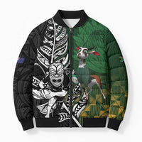 New Zealand and South Africa Rugby Custom Bomber Puffer Jacket Maori Tiki Fern Springboks Kente Pattern LT14 Unisex Green - Polynesian Pride
