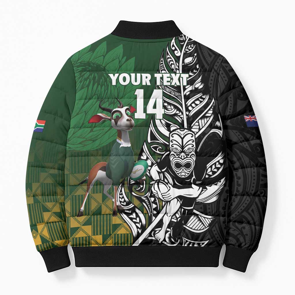 New Zealand and South Africa Rugby Custom Bomber Puffer Jacket Maori Tiki Fern Springboks Kente Pattern LT14 - Polynesian Pride