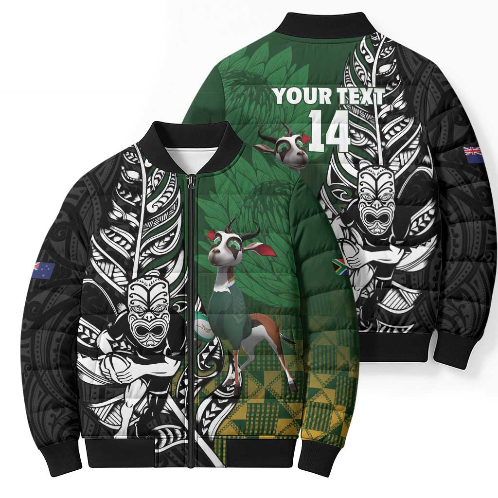 New Zealand and South Africa Rugby Custom Bomber Puffer Jacket Maori Tiki Fern Springboks Kente Pattern LT14 - Polynesian Pride