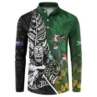New Zealand and South Africa Rugby Custom Button Sweatshirt Maori Tiki Fern Springboks Kente Pattern LT14 Green - Polynesian Pride