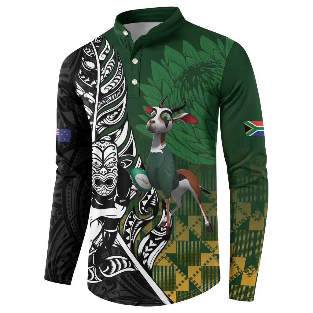 New Zealand and South Africa Rugby Custom Button Sweatshirt Maori Tiki Fern Springboks Kente Pattern LT14 - Polynesian Pride