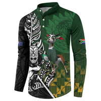 New Zealand and South Africa Rugby Custom Button Sweatshirt Maori Tiki Fern Springboks Kente Pattern LT14 - Polynesian Pride