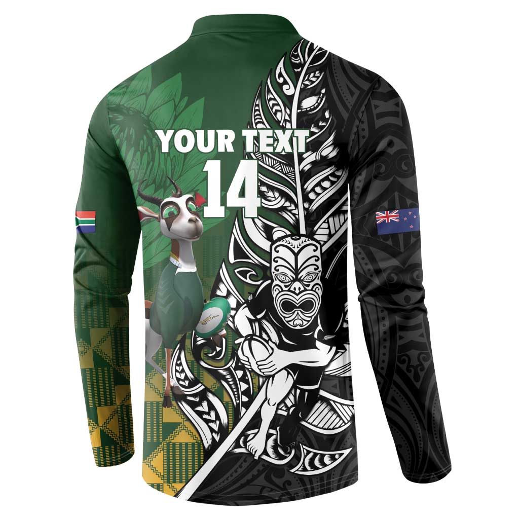New Zealand and South Africa Rugby Custom Button Sweatshirt Maori Tiki Fern Springboks Kente Pattern LT14 - Polynesian Pride