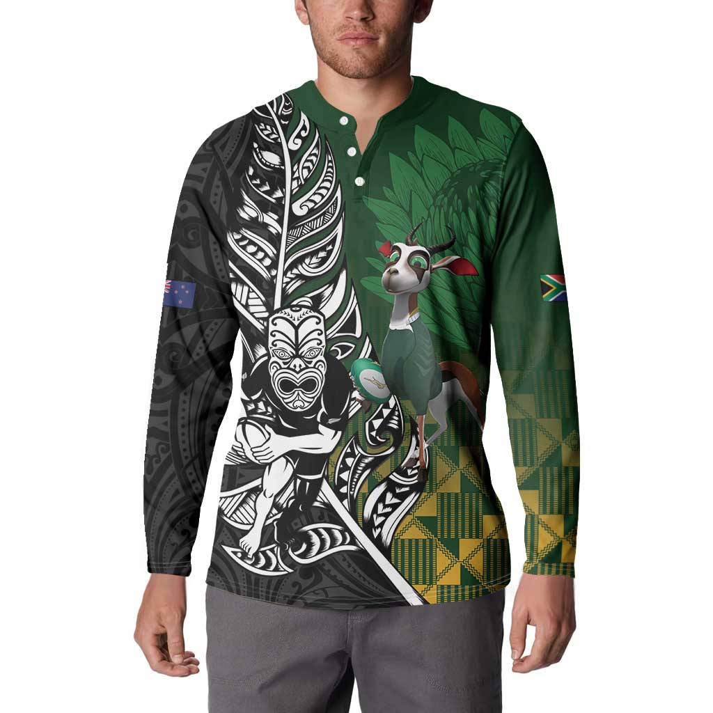 New Zealand and South Africa Rugby Custom Button Sweatshirt Maori Tiki Fern Springboks Kente Pattern LT14 - Polynesian Pride