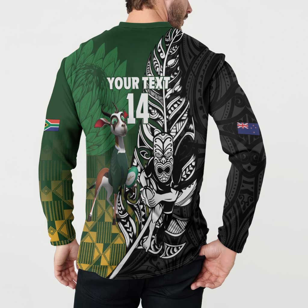 New Zealand and South Africa Rugby Custom Button Sweatshirt Maori Tiki Fern Springboks Kente Pattern LT14 - Polynesian Pride
