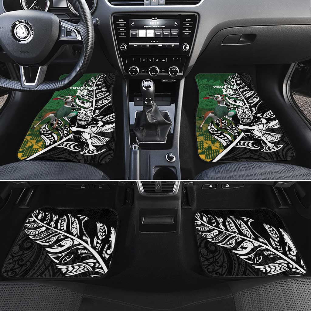 New Zealand and South Africa Rugby Custom Car Mats Maori Tiki Fern Springboks Kente Pattern LT14 Set 4pcs Green - Polynesian Pride