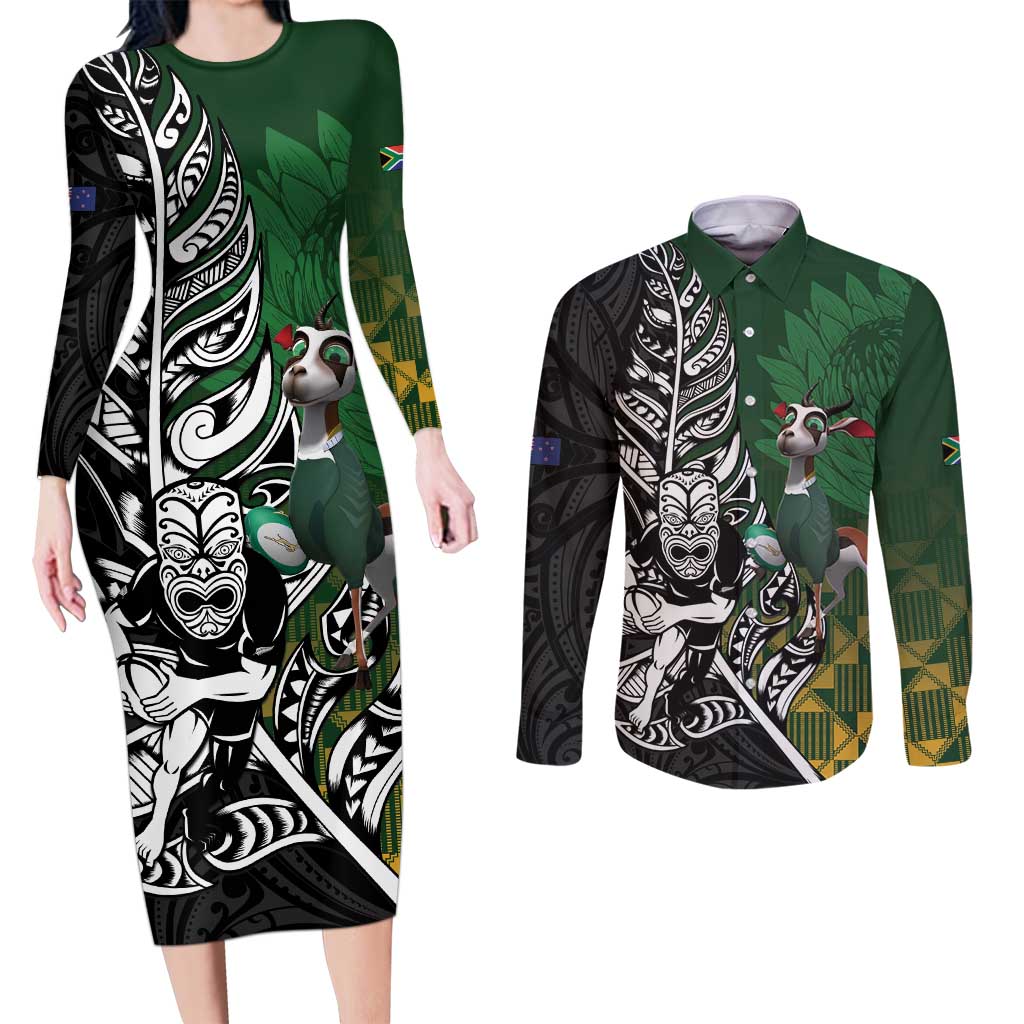 New Zealand and South Africa Rugby Custom Couples Matching Long Sleeve Bodycon Dress and Long Sleeve Button Shirt Maori Tiki Fern Springboks Kente Pattern LT14 Green - Polynesian Pride
