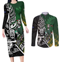 New Zealand and South Africa Rugby Custom Couples Matching Long Sleeve Bodycon Dress and Long Sleeve Button Shirt Maori Tiki Fern Springboks Kente Pattern LT14 Green - Polynesian Pride