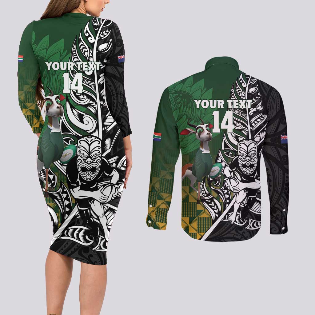 New Zealand and South Africa Rugby Custom Couples Matching Long Sleeve Bodycon Dress and Long Sleeve Button Shirt Maori Tiki Fern Springboks Kente Pattern LT14 - Polynesian Pride