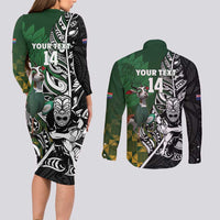 New Zealand and South Africa Rugby Custom Couples Matching Long Sleeve Bodycon Dress and Long Sleeve Button Shirt Maori Tiki Fern Springboks Kente Pattern LT14 - Polynesian Pride