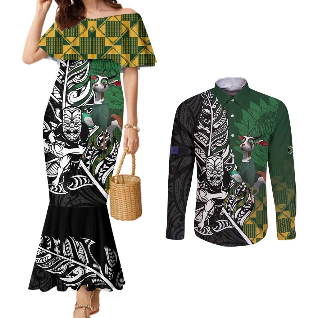 New Zealand and South Africa Rugby Custom Couples Matching Mermaid Dress and Long Sleeve Button Shirt Maori Tiki Fern Springboks Kente Pattern LT14 Green - Polynesian Pride