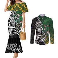 New Zealand and South Africa Rugby Custom Couples Matching Mermaid Dress and Long Sleeve Button Shirt Maori Tiki Fern Springboks Kente Pattern LT14 Green - Polynesian Pride