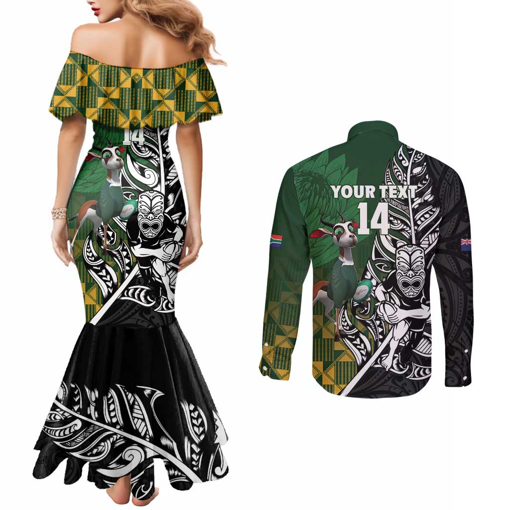 New Zealand and South Africa Rugby Custom Couples Matching Mermaid Dress and Long Sleeve Button Shirt Maori Tiki Fern Springboks Kente Pattern LT14 - Polynesian Pride