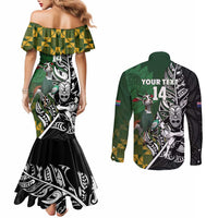 New Zealand and South Africa Rugby Custom Couples Matching Mermaid Dress and Long Sleeve Button Shirt Maori Tiki Fern Springboks Kente Pattern LT14 - Polynesian Pride