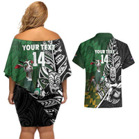 New Zealand and South Africa Rugby Custom Couples Matching Off Shoulder Short Dress and Hawaiian Shirt Maori Tiki Fern Springboks Kente Pattern LT14 - Polynesian Pride