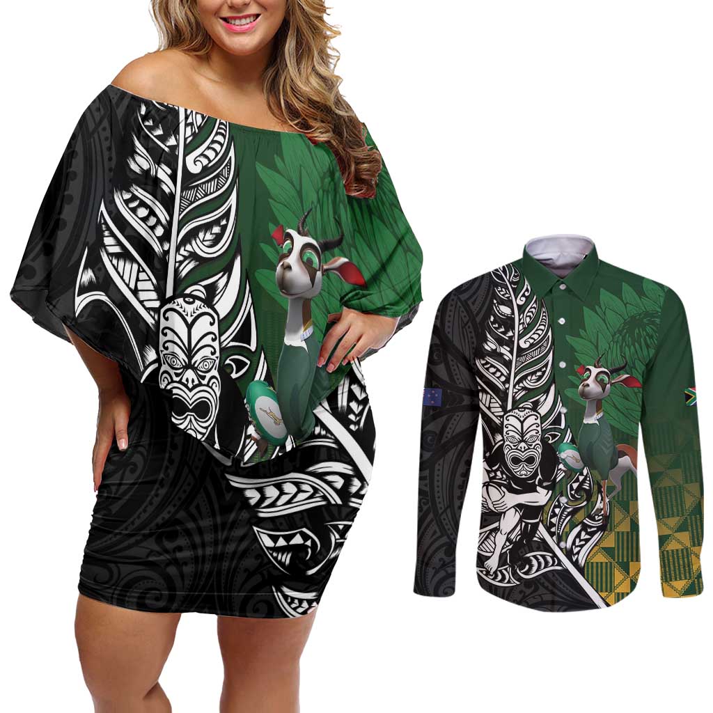 New Zealand and South Africa Rugby Custom Couples Matching Off Shoulder Short Dress and Long Sleeve Button Shirt Maori Tiki Fern Springboks Kente Pattern LT14 Green - Polynesian Pride