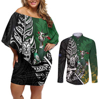 New Zealand and South Africa Rugby Custom Couples Matching Off Shoulder Short Dress and Long Sleeve Button Shirt Maori Tiki Fern Springboks Kente Pattern LT14 Green - Polynesian Pride