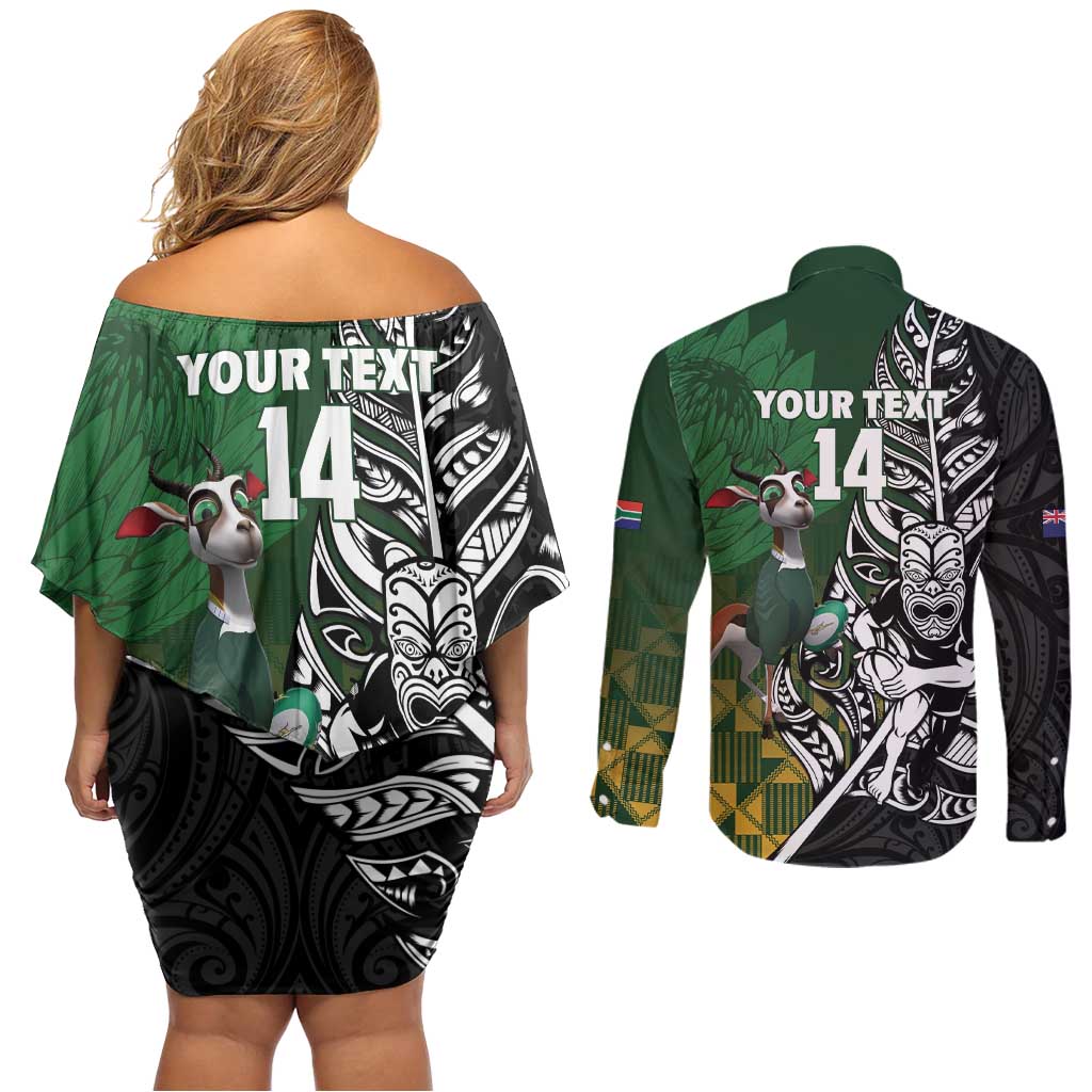New Zealand and South Africa Rugby Custom Couples Matching Off Shoulder Short Dress and Long Sleeve Button Shirt Maori Tiki Fern Springboks Kente Pattern LT14 - Polynesian Pride
