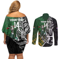New Zealand and South Africa Rugby Custom Couples Matching Off Shoulder Short Dress and Long Sleeve Button Shirt Maori Tiki Fern Springboks Kente Pattern LT14 - Polynesian Pride