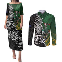 New Zealand and South Africa Rugby Custom Couples Matching Puletasi and Long Sleeve Button Shirt Maori Tiki Fern Springboks Kente Pattern LT14 Green - Polynesian Pride