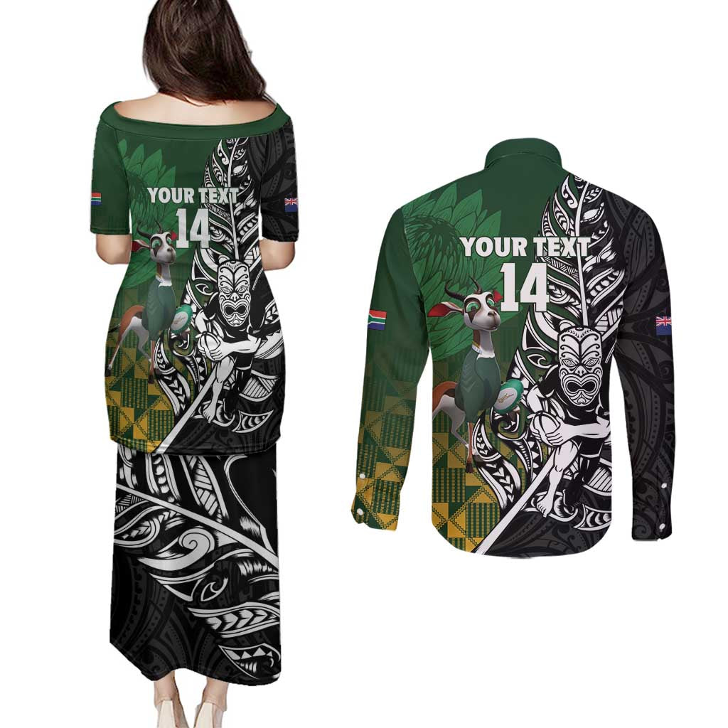 New Zealand and South Africa Rugby Custom Couples Matching Puletasi and Long Sleeve Button Shirt Maori Tiki Fern Springboks Kente Pattern LT14 - Polynesian Pride