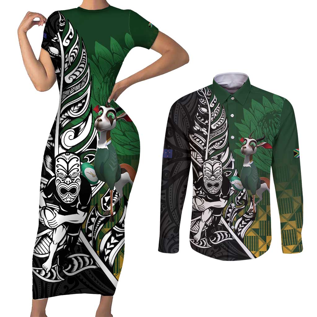 New Zealand and South Africa Rugby Custom Couples Matching Short Sleeve Bodycon Dress and Long Sleeve Button Shirt Maori Tiki Fern Springboks Kente Pattern LT14 Green - Polynesian Pride
