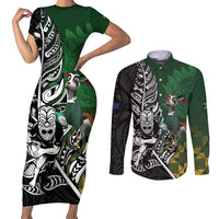 New Zealand and South Africa Rugby Custom Couples Matching Short Sleeve Bodycon Dress and Long Sleeve Button Shirt Maori Tiki Fern Springboks Kente Pattern LT14 Green - Polynesian Pride