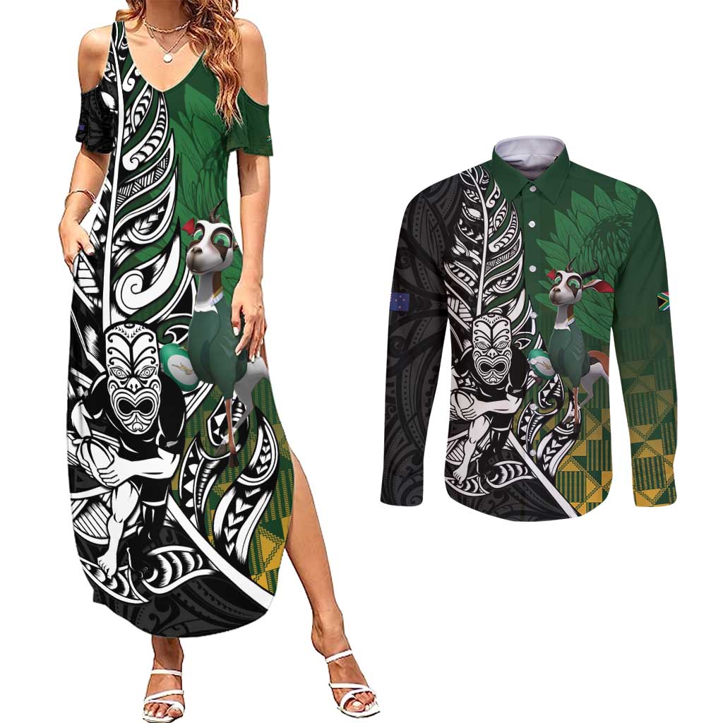 New Zealand and South Africa Rugby Custom Couples Matching Summer Maxi Dress and Long Sleeve Button Shirt Maori Tiki Fern Springboks Kente Pattern LT14 Green - Polynesian Pride