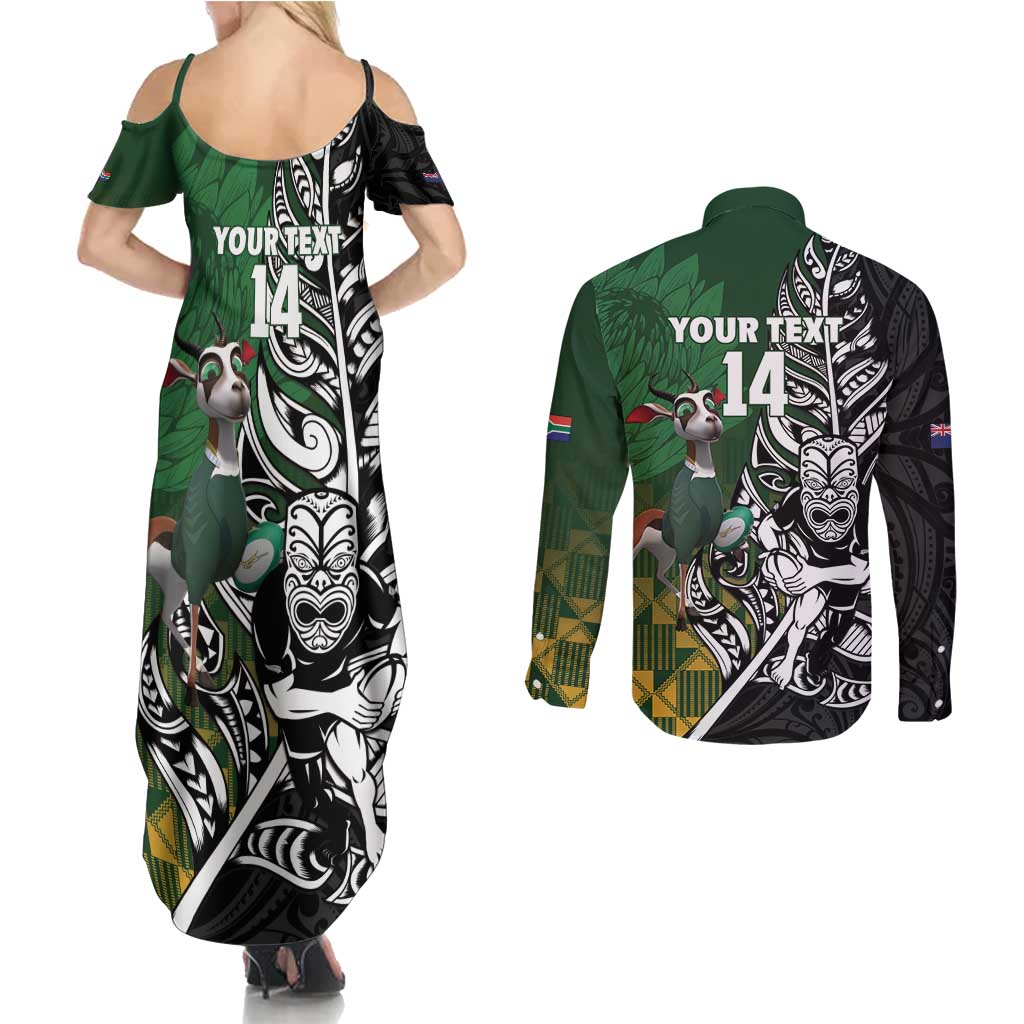 New Zealand and South Africa Rugby Custom Couples Matching Summer Maxi Dress and Long Sleeve Button Shirt Maori Tiki Fern Springboks Kente Pattern LT14 - Polynesian Pride