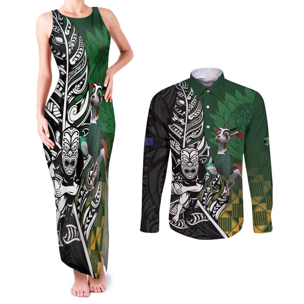 New Zealand and South Africa Rugby Custom Couples Matching Tank Maxi Dress and Long Sleeve Button Shirt Maori Tiki Fern Springboks Kente Pattern LT14 Green - Polynesian Pride