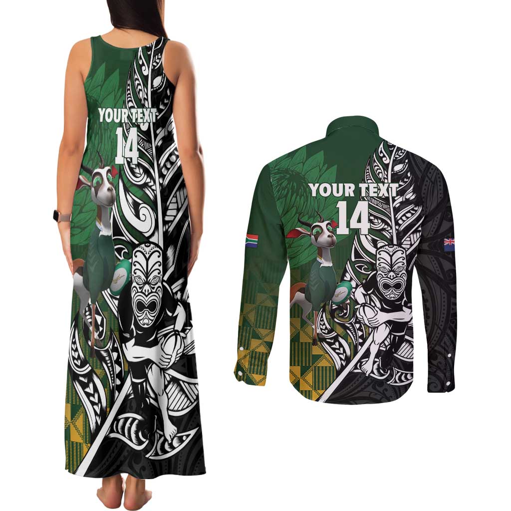 New Zealand and South Africa Rugby Custom Couples Matching Tank Maxi Dress and Long Sleeve Button Shirt Maori Tiki Fern Springboks Kente Pattern LT14 - Polynesian Pride