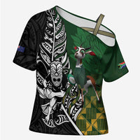 New Zealand and South Africa Rugby Custom Cross Shoulder Shirt Maori Tiki Fern Springboks Kente Pattern LT14 Female Green - Polynesian Pride
