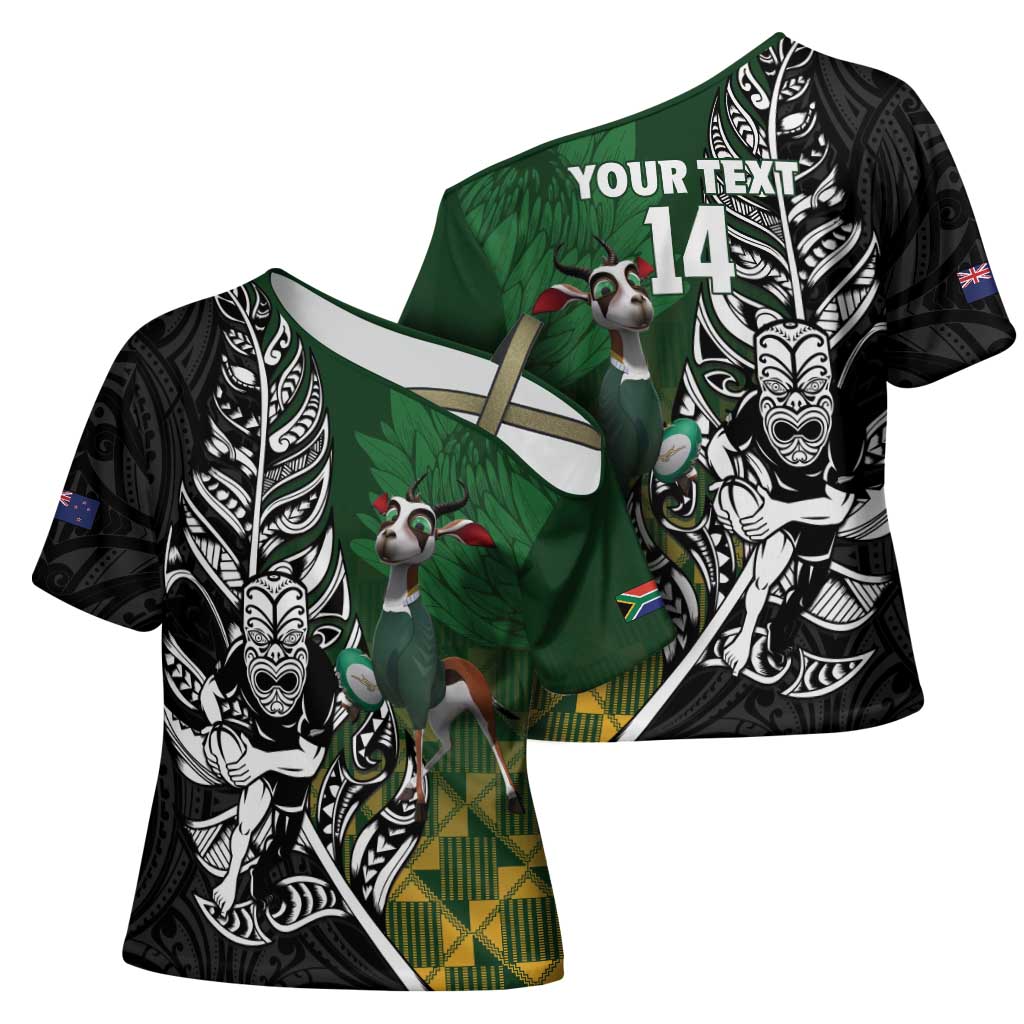 New Zealand and South Africa Rugby Custom Cross Shoulder Shirt Maori Tiki Fern Springboks Kente Pattern LT14 - Polynesian Pride