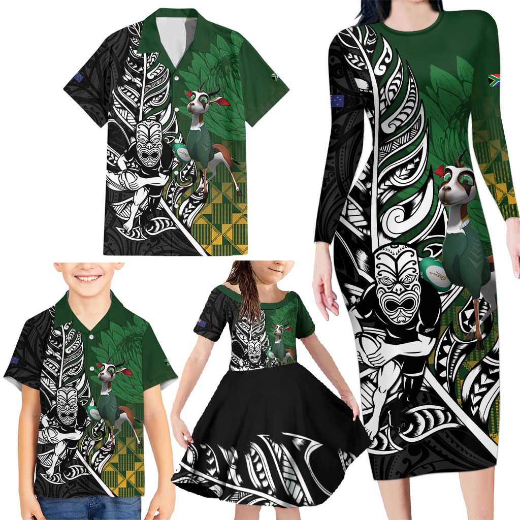 New Zealand and South Africa Rugby Custom Family Matching Long Sleeve Bodycon Dress and Hawaiian Shirt Maori Tiki Fern Springboks Kente Pattern LT14 - Polynesian Pride