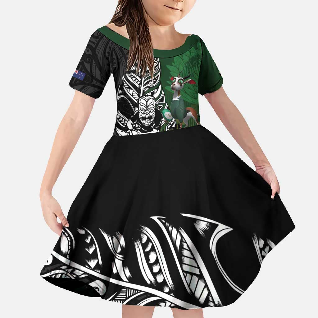 New Zealand and South Africa Rugby Custom Family Matching Mermaid Dress and Hawaiian Shirt Maori Tiki Fern Springboks Kente Pattern LT14 Daughter's Dress Green - Polynesian Pride
