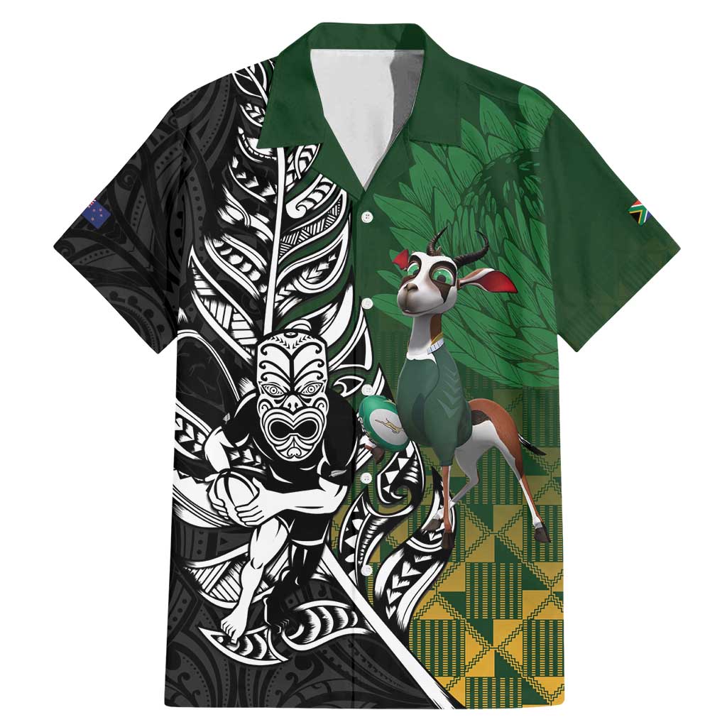 New Zealand and South Africa Rugby Custom Family Matching Mermaid Dress and Hawaiian Shirt Maori Tiki Fern Springboks Kente Pattern LT14 Dad's Shirt - Short Sleeve Green - Polynesian Pride