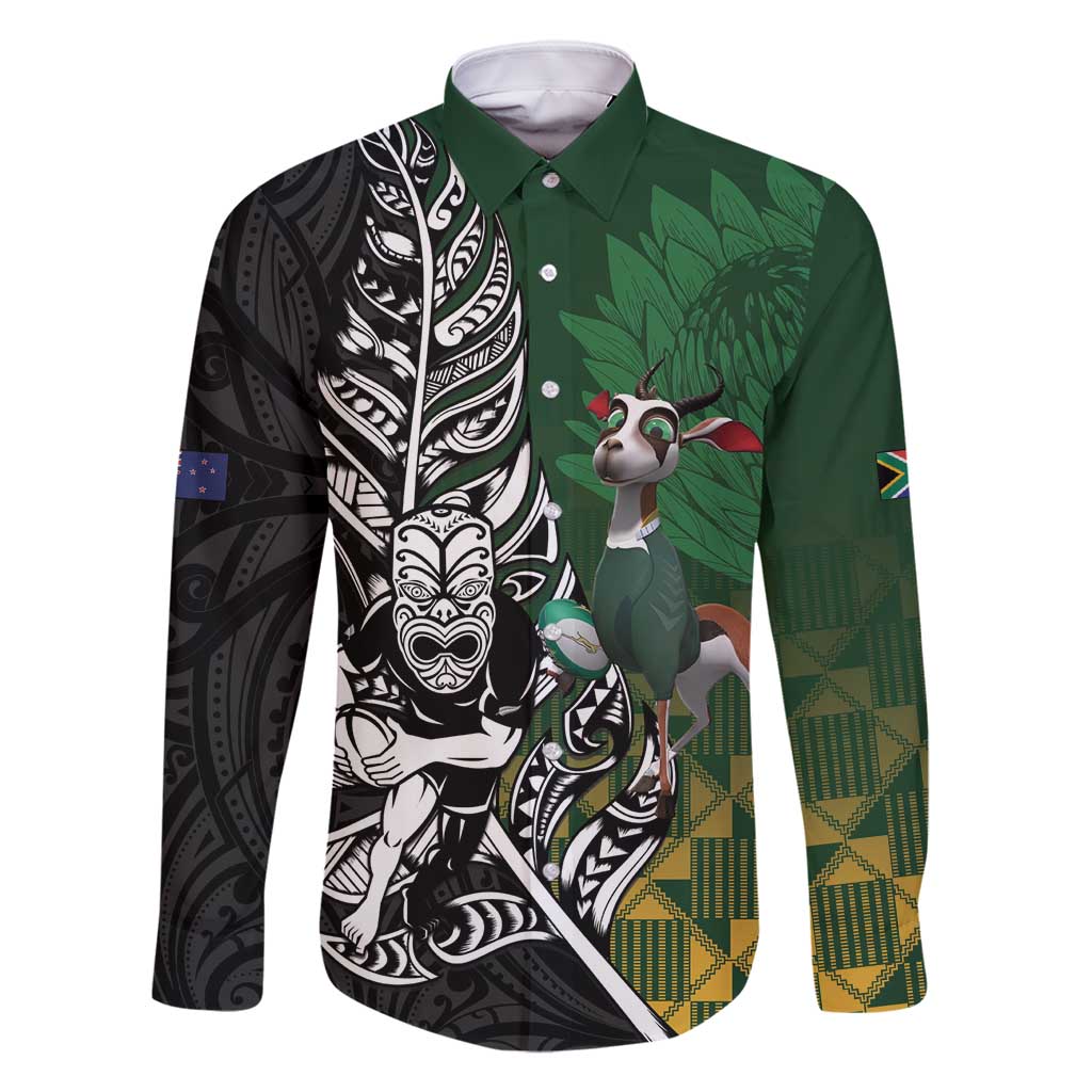 New Zealand and South Africa Rugby Custom Family Matching Mermaid Dress and Hawaiian Shirt Maori Tiki Fern Springboks Kente Pattern LT14 Dad's Shirt - Long Sleeve Green - Polynesian Pride