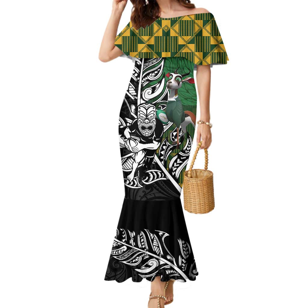 New Zealand and South Africa Rugby Custom Family Matching Mermaid Dress and Hawaiian Shirt Maori Tiki Fern Springboks Kente Pattern LT14 Mom's Dress Green - Polynesian Pride