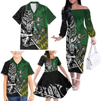 New Zealand and South Africa Rugby Custom Family Matching Off The Shoulder Long Sleeve Dress and Hawaiian Shirt Maori Tiki Fern Springboks Kente Pattern LT14 - Polynesian Pride