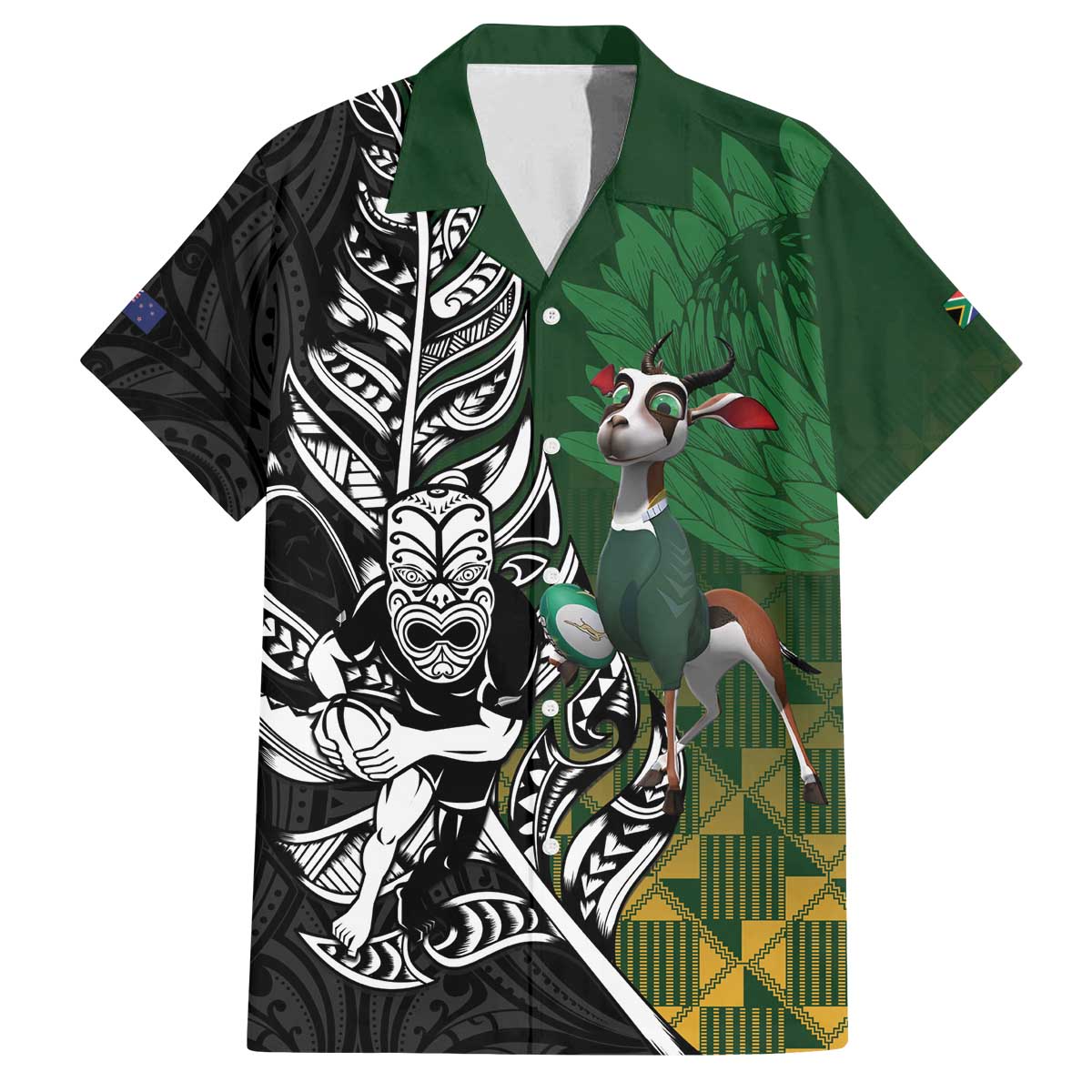 New Zealand and South Africa Rugby Custom Family Matching Off The Shoulder Long Sleeve Dress and Hawaiian Shirt Maori Tiki Fern Springboks Kente Pattern LT14 Dad's Shirt - Short Sleeve Green - Polynesian Pride