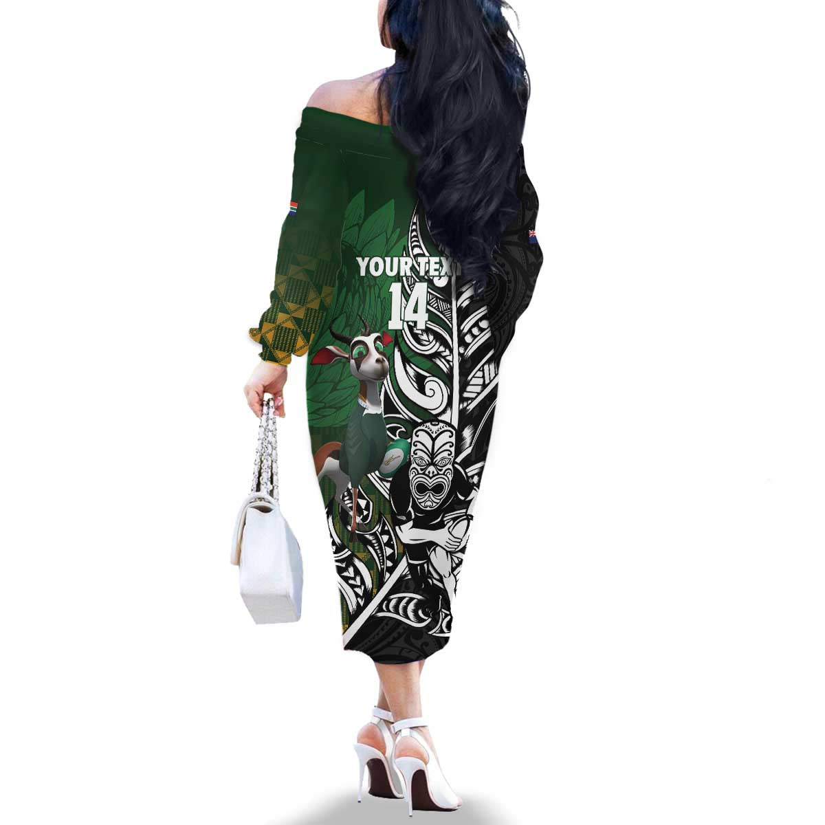 New Zealand and South Africa Rugby Custom Family Matching Off The Shoulder Long Sleeve Dress and Hawaiian Shirt Maori Tiki Fern Springboks Kente Pattern LT14 - Polynesian Pride