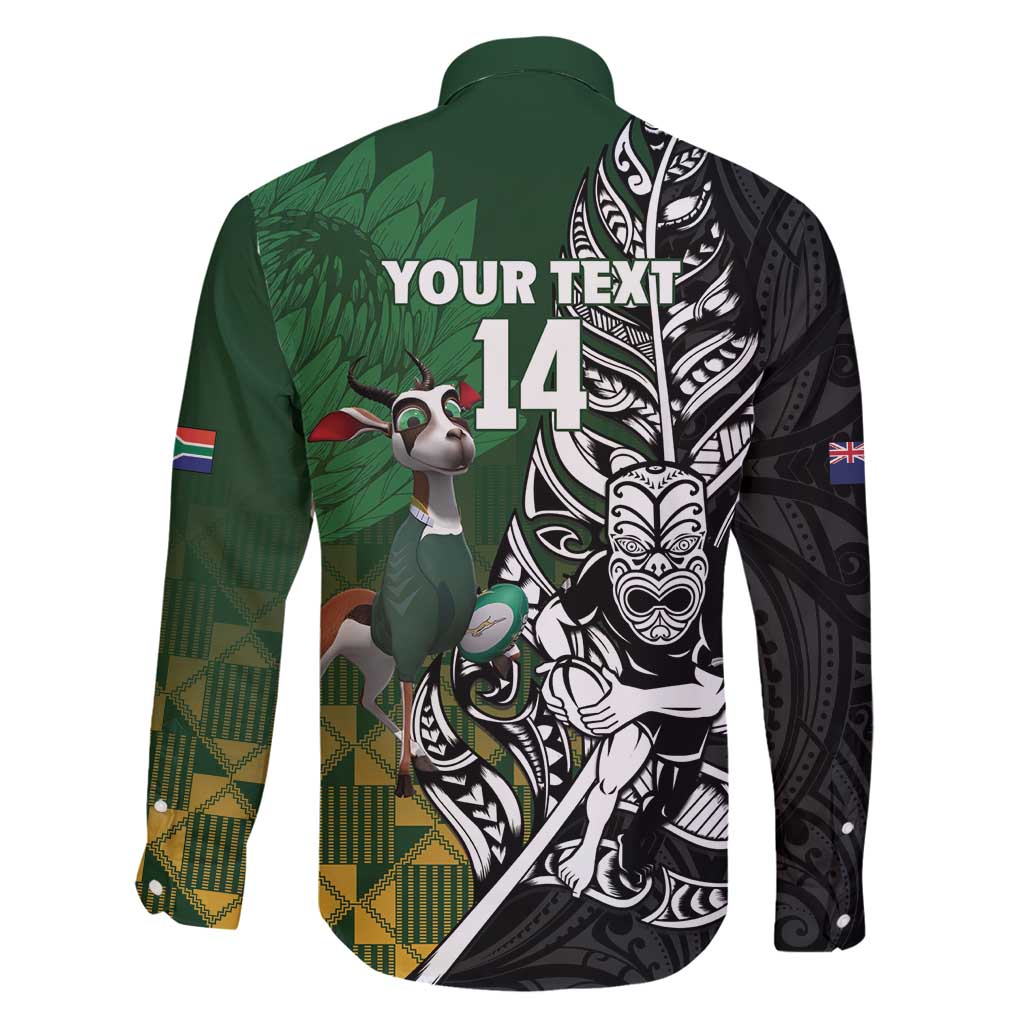 New Zealand and South Africa Rugby Custom Family Matching Off Shoulder Maxi Dress and Hawaiian Shirt Maori Tiki Fern Springboks Kente Pattern LT14 - Polynesian Pride