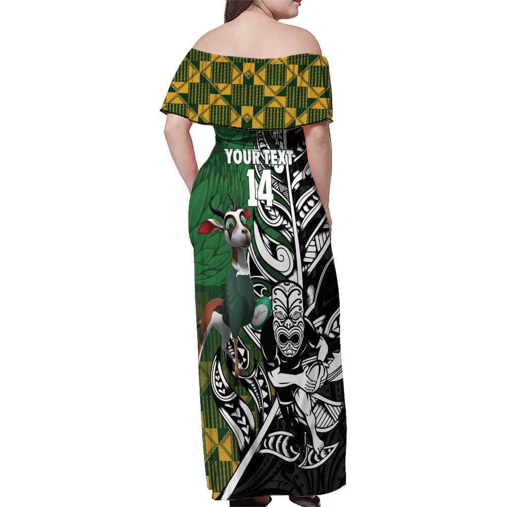 New Zealand and South Africa Rugby Custom Family Matching Off Shoulder Maxi Dress and Hawaiian Shirt Maori Tiki Fern Springboks Kente Pattern LT14 - Polynesian Pride