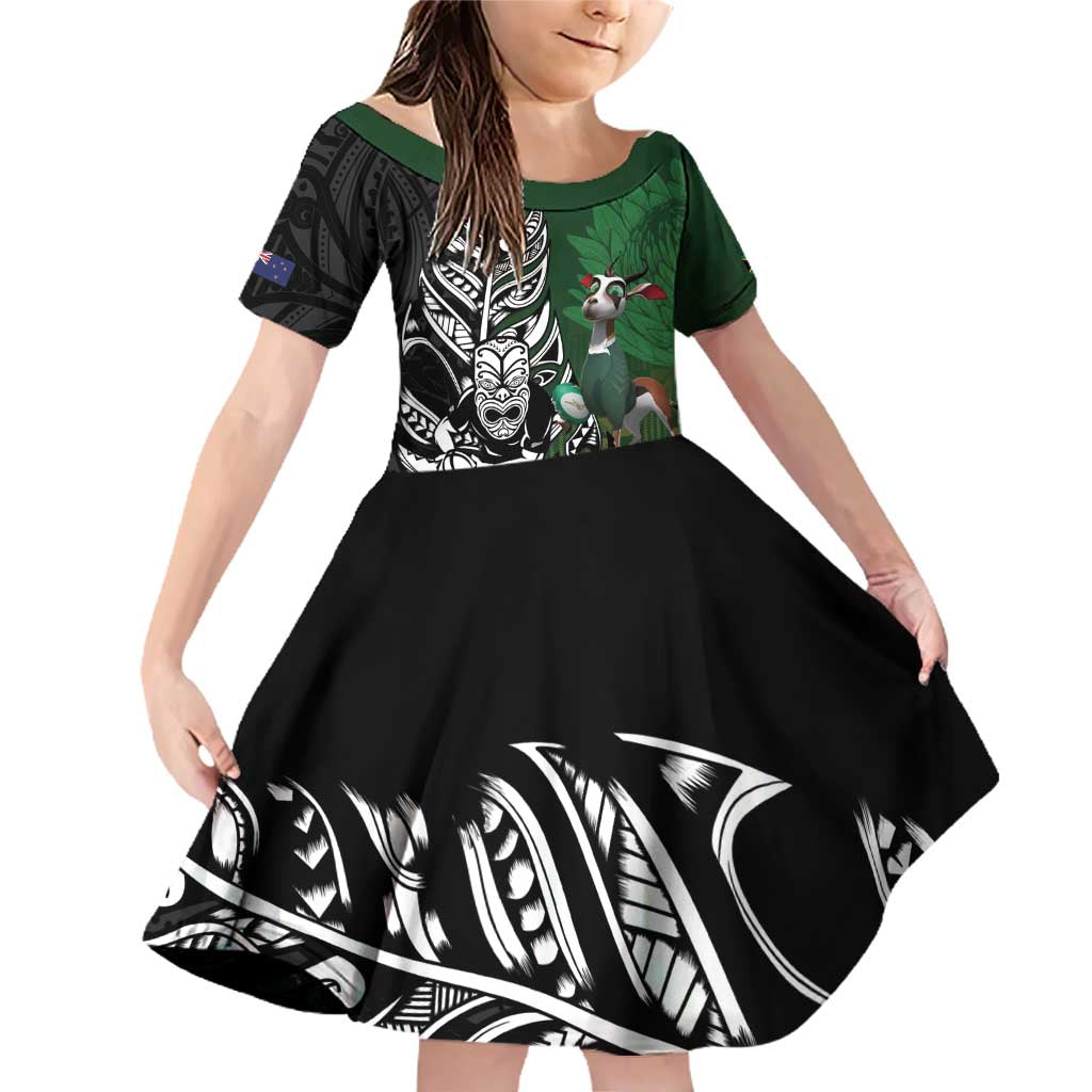 New Zealand and South Africa Rugby Custom Family Matching Off Shoulder Short Dress and Hawaiian Shirt Maori Tiki Fern Springboks Kente Pattern LT14 Daughter's Dress Green - Polynesian Pride