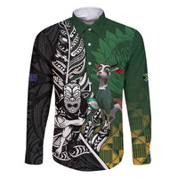 New Zealand and South Africa Rugby Custom Family Matching Off Shoulder Short Dress and Hawaiian Shirt Maori Tiki Fern Springboks Kente Pattern LT14 Dad's Shirt - Long Sleeve Green - Polynesian Pride