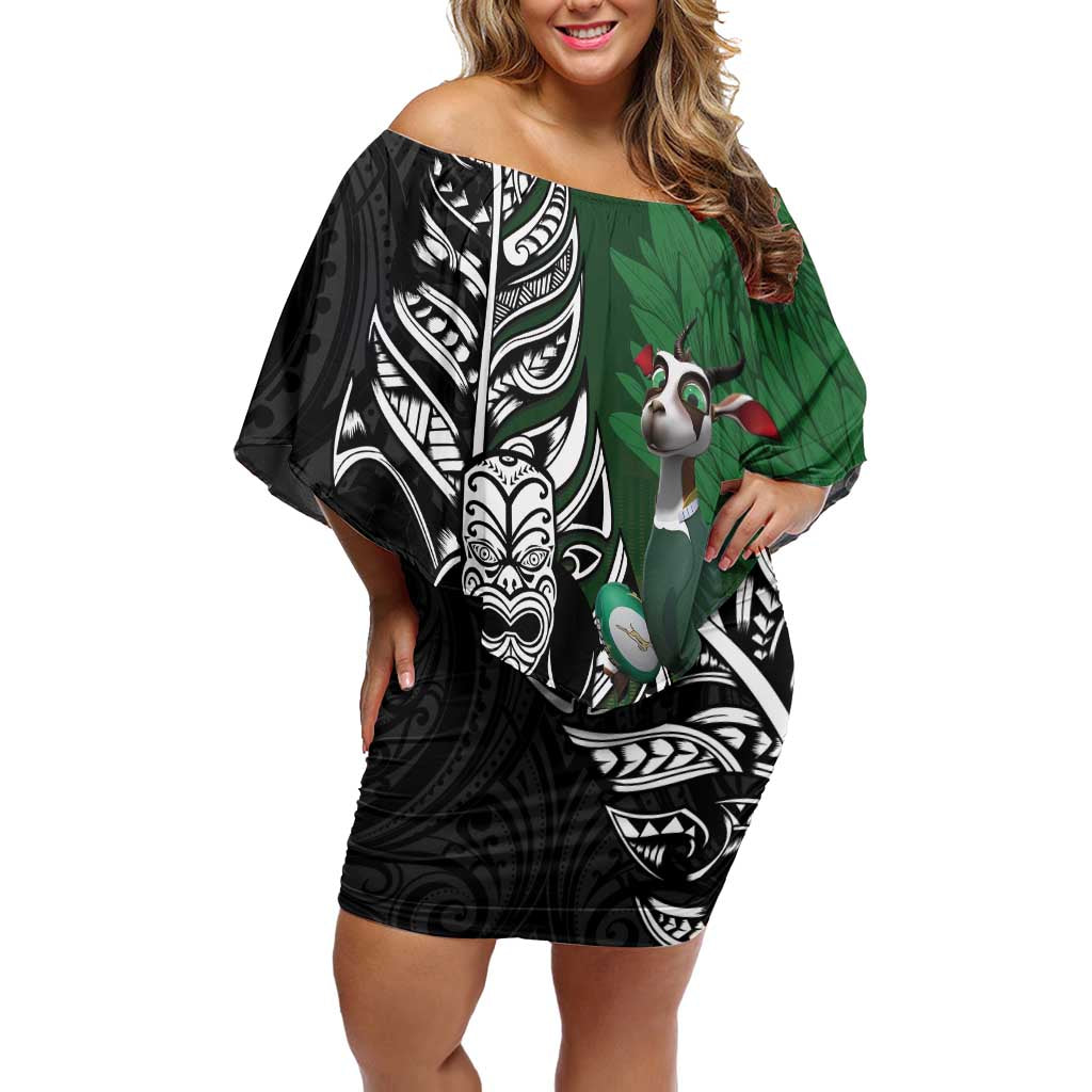 New Zealand and South Africa Rugby Custom Family Matching Off Shoulder Short Dress and Hawaiian Shirt Maori Tiki Fern Springboks Kente Pattern LT14 Mom's Dress Green - Polynesian Pride