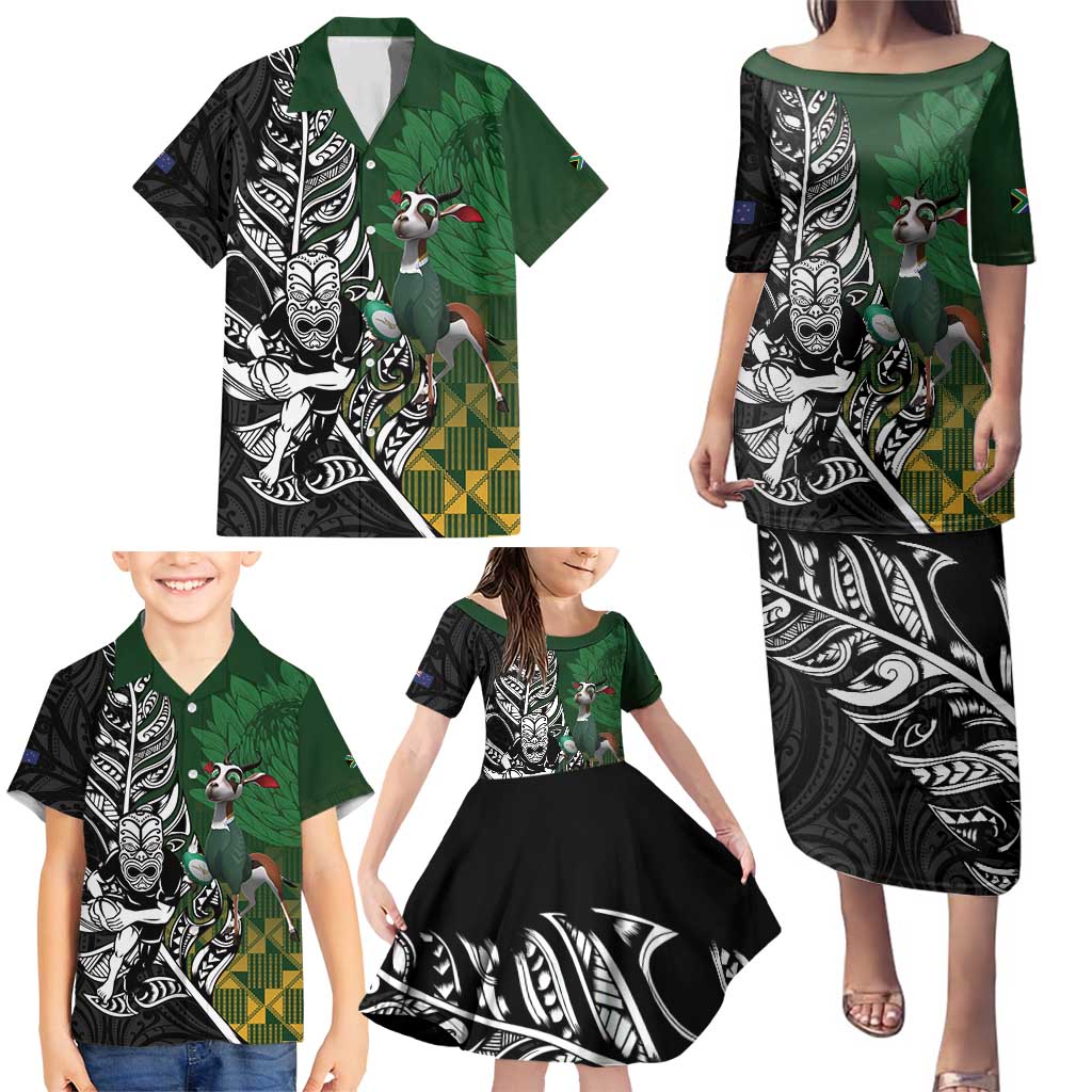 New Zealand and South Africa Rugby Custom Family Matching Puletasi and Hawaiian Shirt Maori Tiki Fern Springboks Kente Pattern LT14 - Polynesian Pride