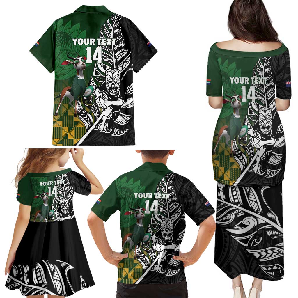 New Zealand and South Africa Rugby Custom Family Matching Puletasi and Hawaiian Shirt Maori Tiki Fern Springboks Kente Pattern LT14 - Polynesian Pride