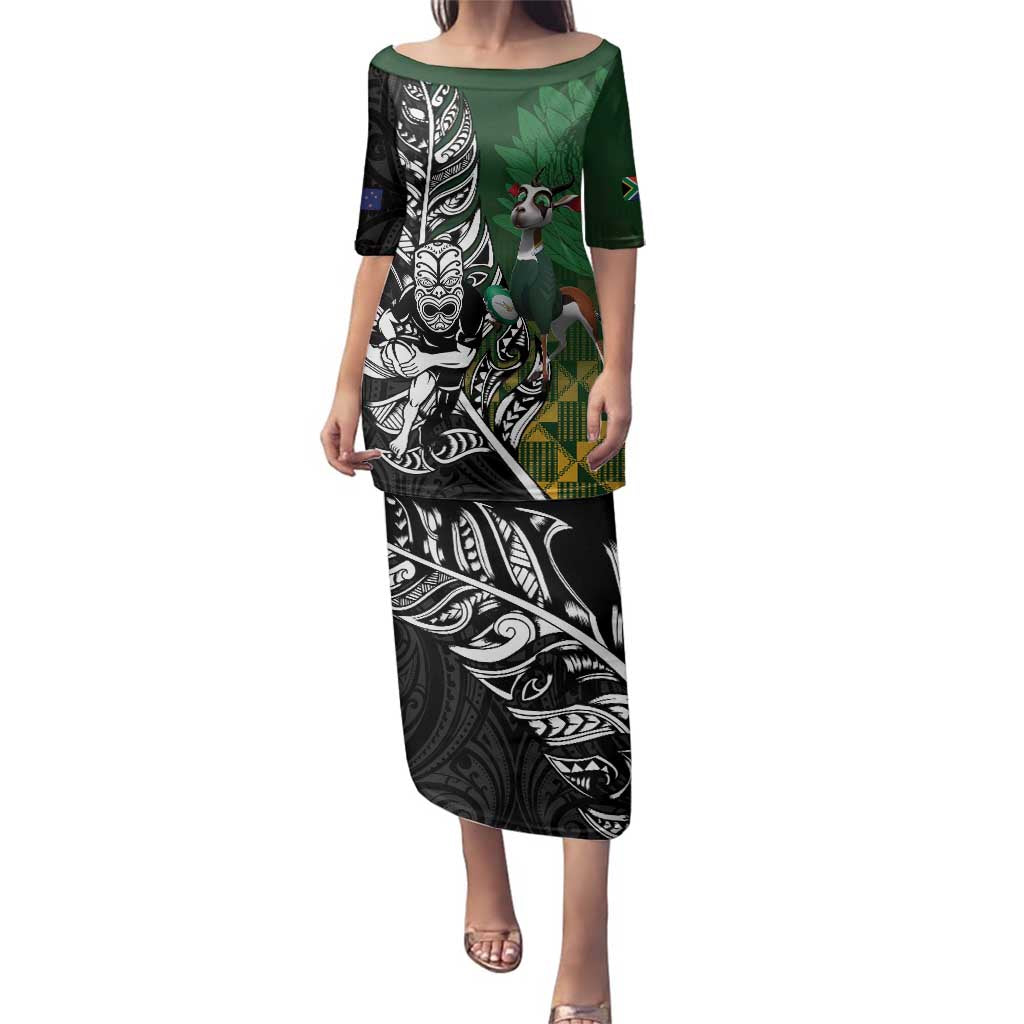 New Zealand and South Africa Rugby Custom Family Matching Puletasi and Hawaiian Shirt Maori Tiki Fern Springboks Kente Pattern LT14 Mom's Dress Green - Polynesian Pride